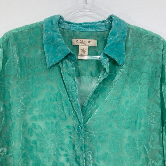 NWT Vintage C.l.o.t.h.e.s size 1X Kelly Green Floral Velvet Burn-out Button Down - Picture 3 of 11